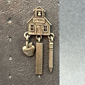 JJ Teacher Pierced Earring Tack Pin Silver School House Apple Ruler Pencil BTS
